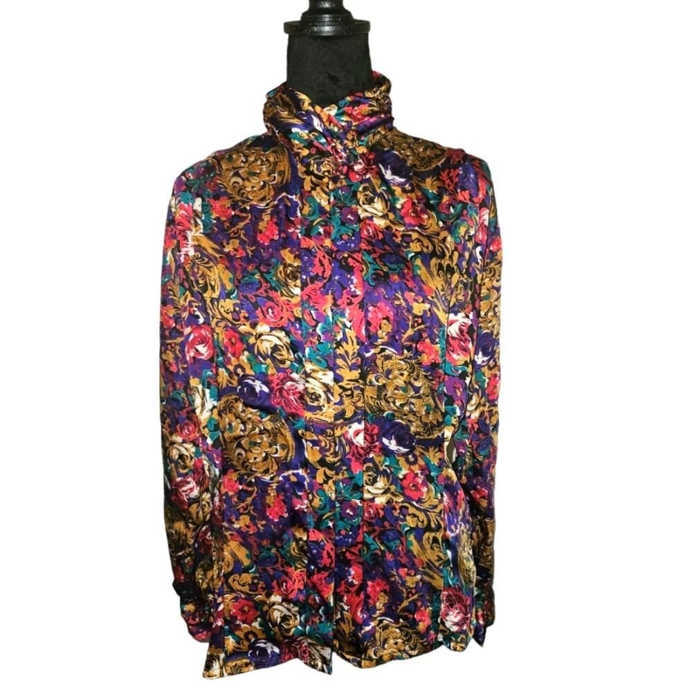 Vintage Christie &Jill Floral Abstract Print Long Sleeve Button-up Blouse Size 6